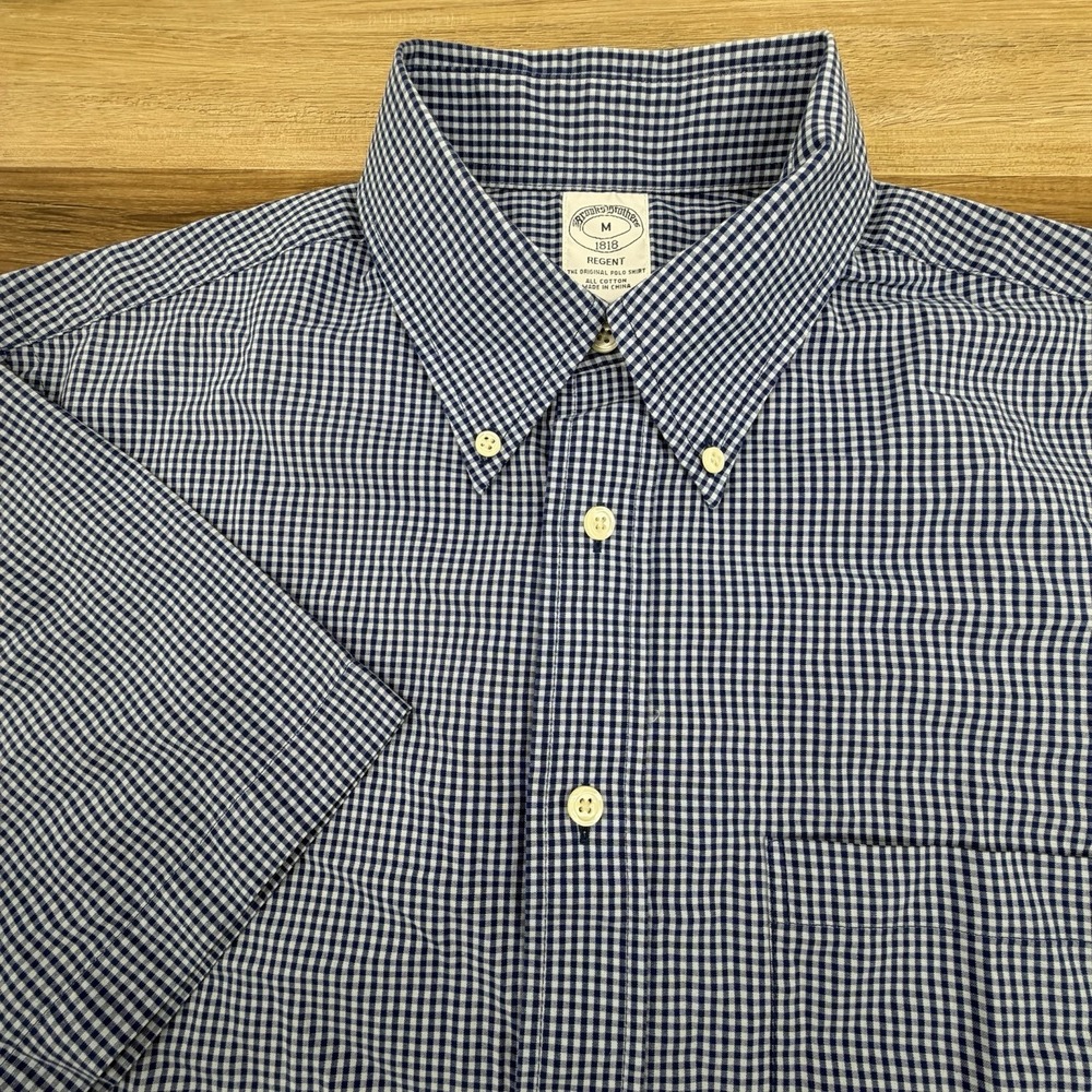 Brooks Brothers 1818 Regent Men's Medium Navy Gingham Short Sleeve Shirt